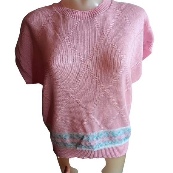 Large Vintage 80's Devon Pink Knit Short Sleeve Sweater Diamond Pattern Pastel - Picture 1 of 7